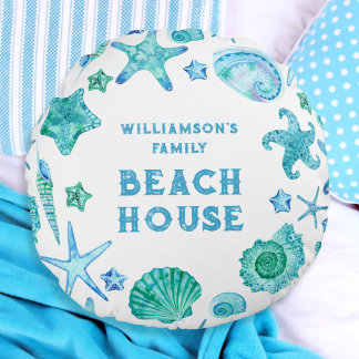 Muscheln und Starfish Family Beach House Rundes Kissen