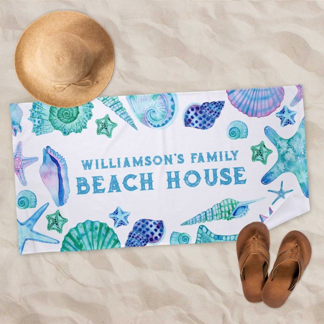 Muscheln und Starfish Family Beach House Strandtuch (Shells and Starfish Family Beach House Watercolor Beach Towel)