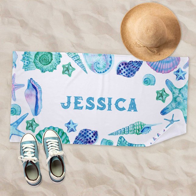 Muscheln und Sternname Sommer Strandtuch (Watercolor Shells and Starfish Name Summer Beach Towel)