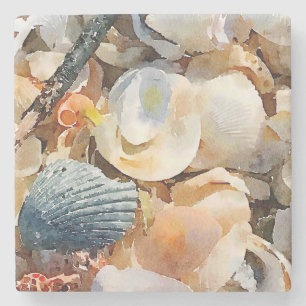 Muscheln und Treibholz am Strand Sand Untersetzer