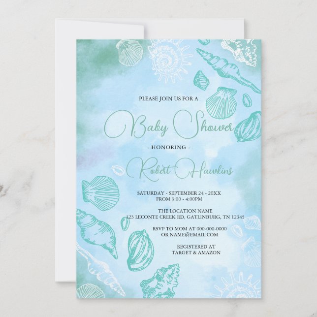 Muscheln unter der Sea Ocean Baby Dusche Einladung (Vorderseite)