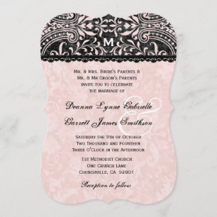 Muschelrosa und Schwarz Vintage Damast Hochzeit A1 Einladung