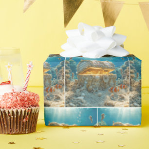 Muschelschatztruhe Unterwasser mit Münzen Geschenkpapier