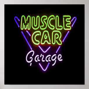 Muscle Car Garage Neuron Blau grün signieren Poster
