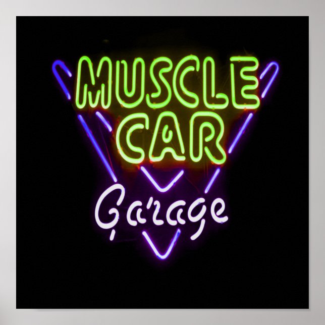 Muscle Car Garage Neuron Blau grün signieren Poster (Vorne)