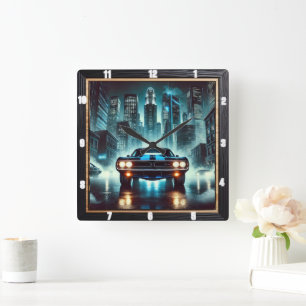 Muscle Car in Futuristic City Night Bright Lights Quadratische Wanduhr