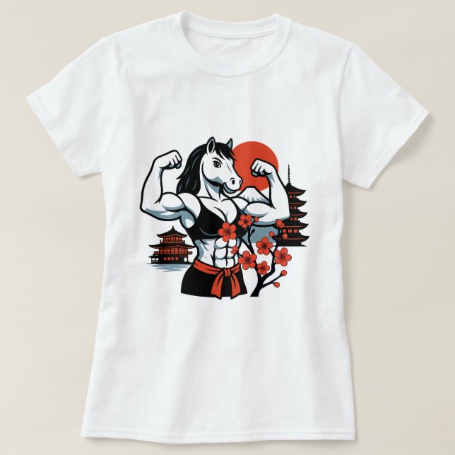 Muscle Horse Lady – Japanese Sakura Art T-Shirt (Design vorne)