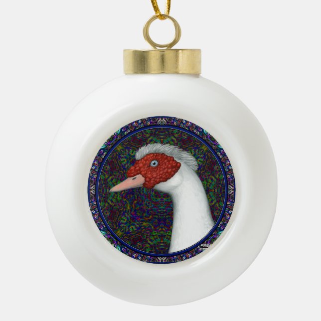 Muscovy-Enten-Kopf-Weiß Keramik Kugel-Ornament (Vorderseite)