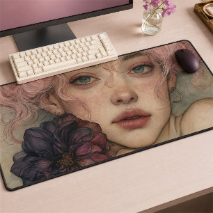 Muse rêveuse aux cheveux roses avec un dahlia viol
