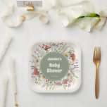 Mushroom Baby Shower  Pappteller<br><div class="desc">Mushroom Baby Shower paper plates featuring whimsical watercolor toadstool mushrooms, wildflowers, lavender, and leafy greenery with an earthy sage center. Cute table wear and party decorations for a forest mushrooms themed baby shower, perfect for a Whimsical, cute, Earthy Baby Shower aesthetic. Ideal for dessert tables, brunch spreads, snacks, and cake,...</div>