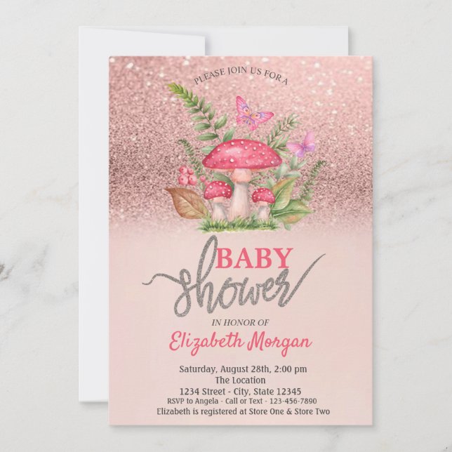Mushroom Butterflies Rose Gold Glitzer Babydusche Einladung (Vorderseite)