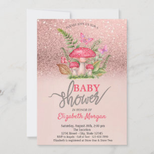 Mushroom Butterflies Rose Gold Glitzer Babydusche Einladung