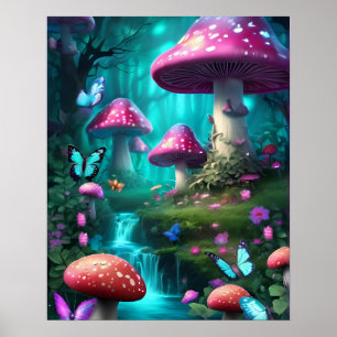 Mushroom Butterfly Verzauberter Wald AQUAMARIN THE Poster