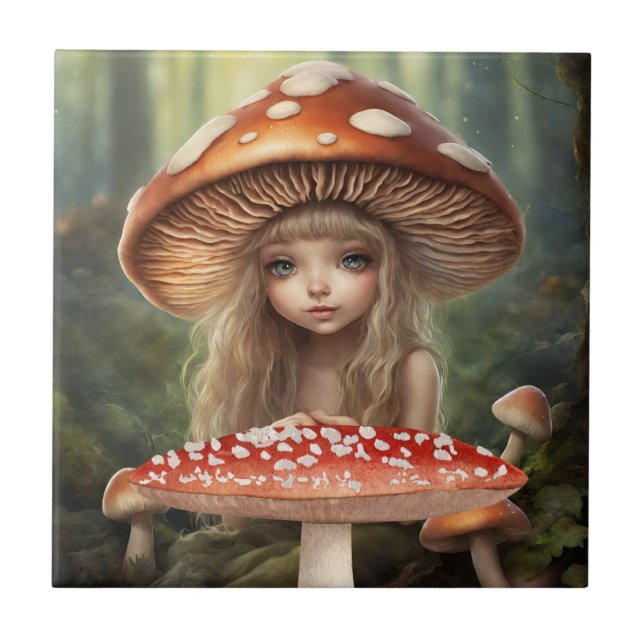 Mushroom Fairy Fantasy World Forest Illustration Fliese (Vorderseite)