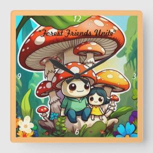 "Mushroom Family Life" Quadratische Wanduhr