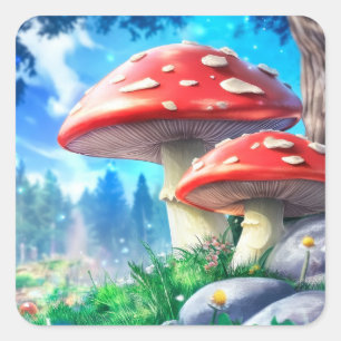 Mushroom Forest Fantasy Art Quadratischer Aufkleber