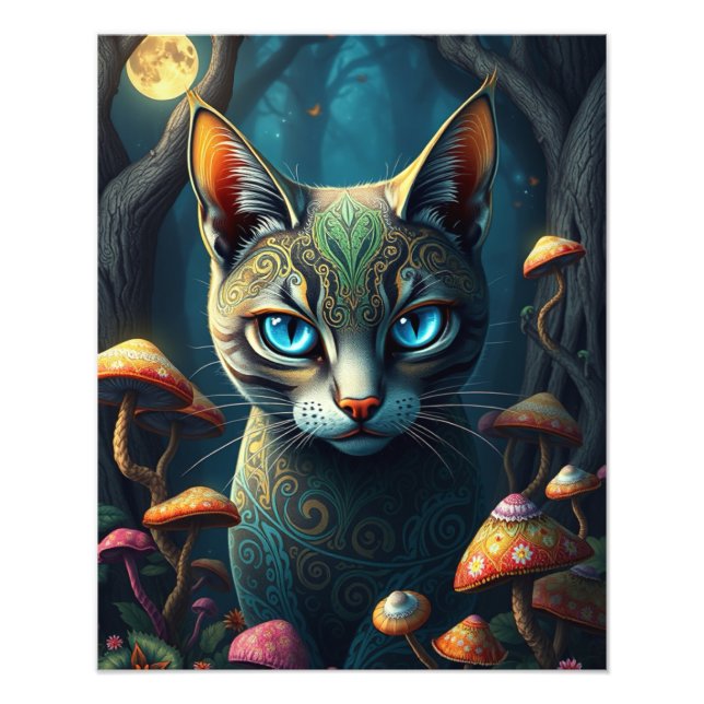 Mushroom Forest Magic Fantasy Cat Fotodruck (Vorne)