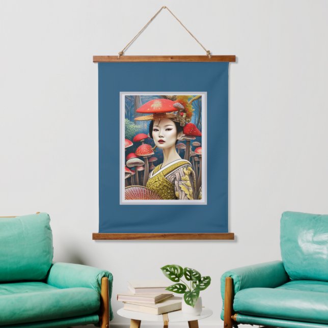 Mushroom Geisha Surreal Fantasy Art Wandteppich Mit Holzrahmen (Wohnzimmer)