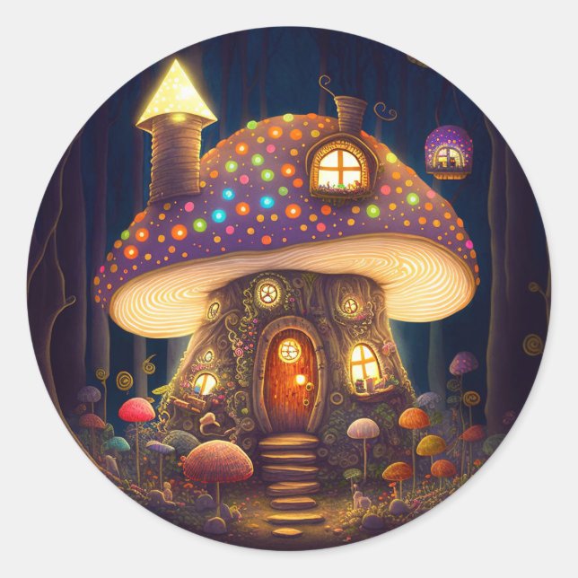 Mushroom House Fantasy Art Runder Aufkleber (Vorderseite)