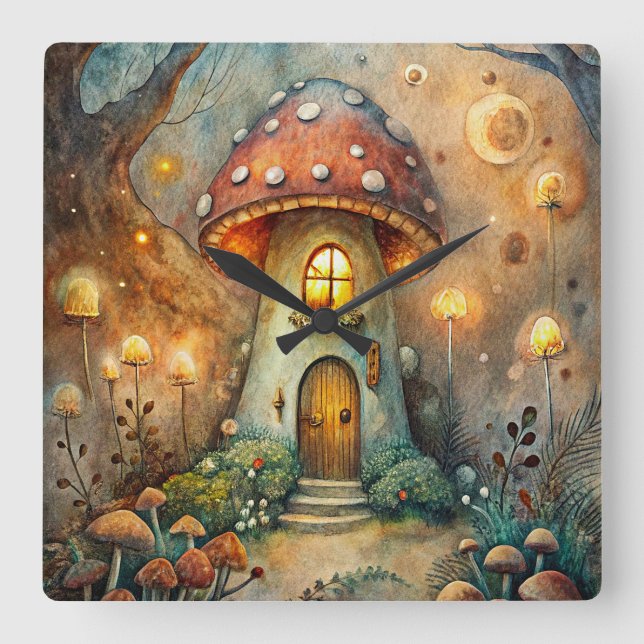 Mushroom House Wall Clock Quadratische Wanduhr (Vorderseite)