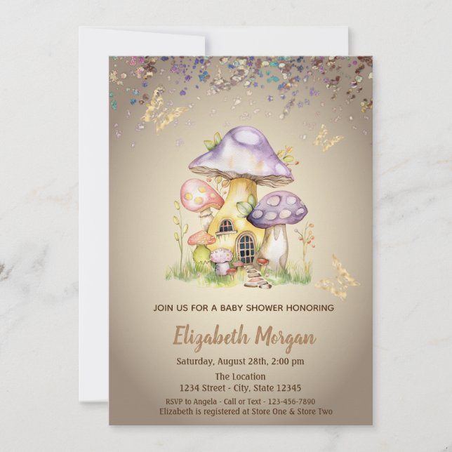 Mushroom Houses Gold Butterfly Baby Dusche Einladung (Vorderseite)