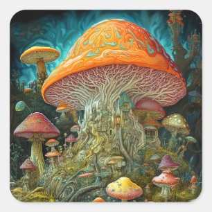 Mushroom Landscape Surreal Fantasy Art Quadratischer Aufkleber
