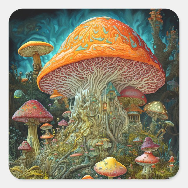 Mushroom Landscape Surreal Fantasy Art Quadratischer Aufkleber (Vorderseite)