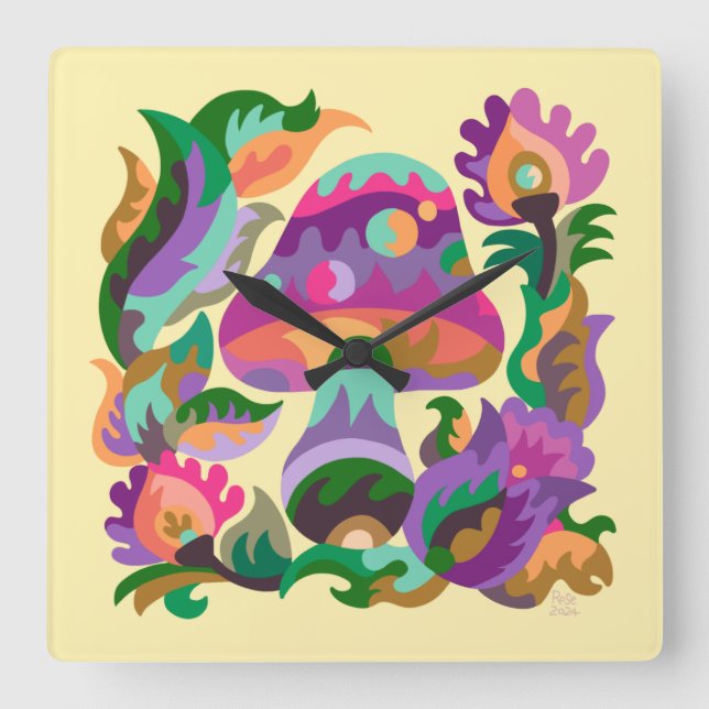 Mushroom Magic Rainbow Trivet Quadratische Wanduhr (Vorderseite)