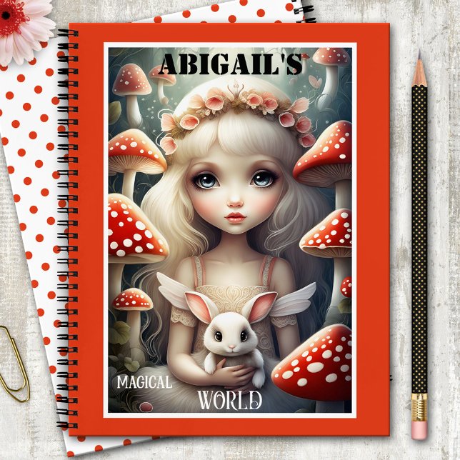 Mushroom Magical Fantasy Fairy Notizbuch (Cute colorful notebook featuring an illustration of a fairy girl with an angel rabbit and mushrooms)