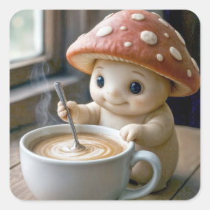 Mushroom Munchkin Stirring Morning-Kaffee Quadratischer Aufkleber
