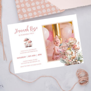 Mushroom Niedlich Blush Pink Woodland Foto Geburts Einladung