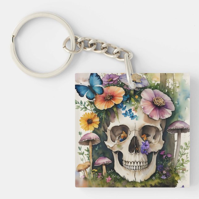 Mushroom Skull Floral Wasserfarbe Kunst Schlüsselanhänger (Vorderseite)