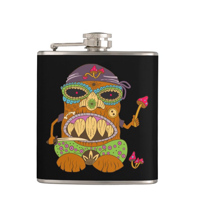 Mushroom Tiki Koch, Funny Black Flachmann (Vorderseite)