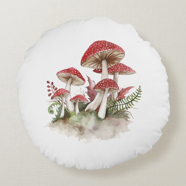 Mushroom Toadstocker Wasserfarben Kunstwerk Rundki Rundes Kissen (Rückseite)