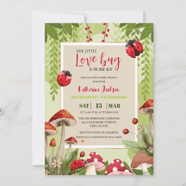 Mushroom Unsere kleine Liebe bug Girl Baby Dusche Einladung (Vorderseite)