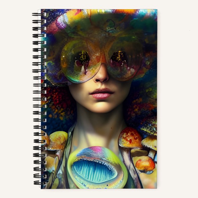 Mushroom Visions Trippy Retro Frau AI generiert Notizbuch (Vorderseite)