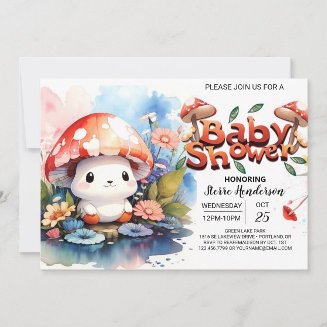 Mushroom Wonderland Gender-Neutral Baby Dusche Einladung (Vorderseite)