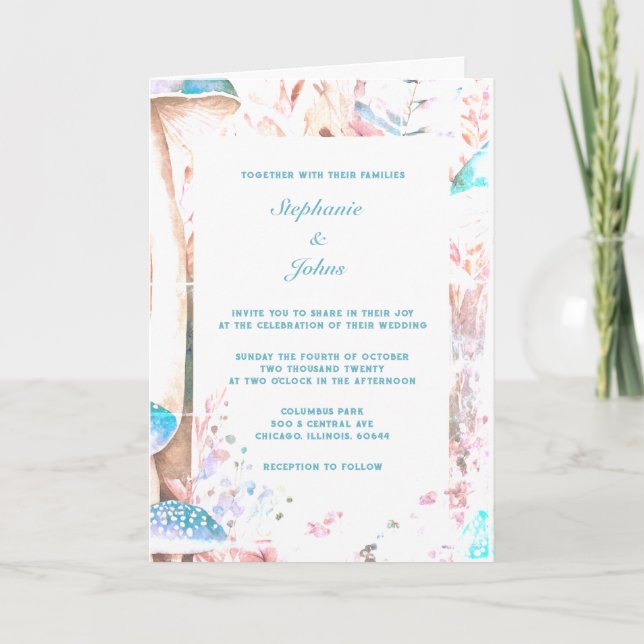 Mushroom Woodland Abstrakt Blue White Boho Wedding Einladung (Vorderseite)