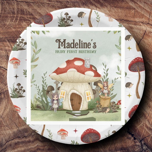 Mushroom Woodland Animals am ersten Geburtstag Serviette (Personalized Fairy First Birthday Napkins)