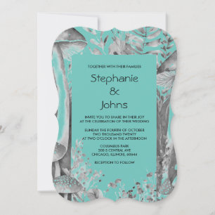 Mushrooms Woodland Aquamarin Blue Black Gray Weddi Einladung