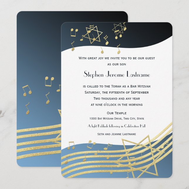 Music Bar Mitzvah Blue and Gold Einladung (Vorne/Hinten)