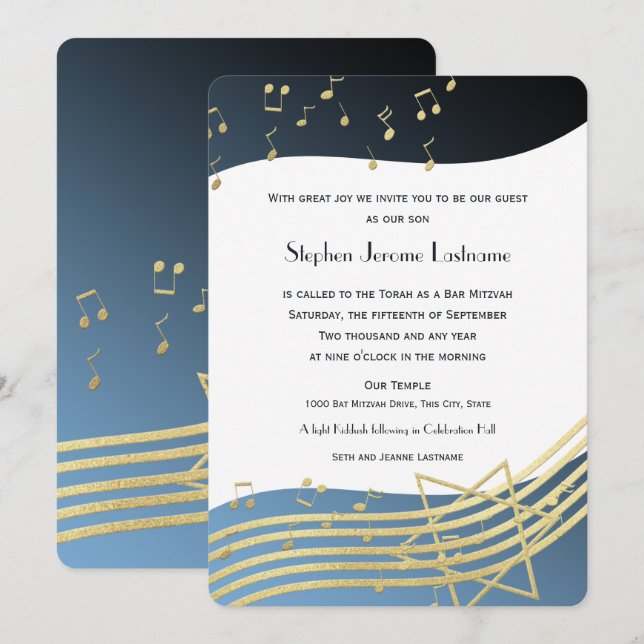 Music Bar Mitzvah Blue and Gold Einladung (Vorne/Hinten)