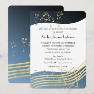 Music Bar Mitzvah Blue and Gold Invitation