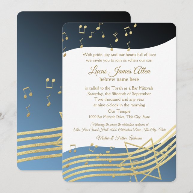 Music Bar Mitzvah Blue und Gold Einladung (Vorne/Hinten)