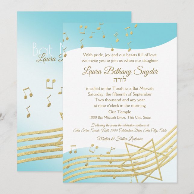 Music Bat Mitzvah Blue und Gold Einladung (Vorne/Hinten)