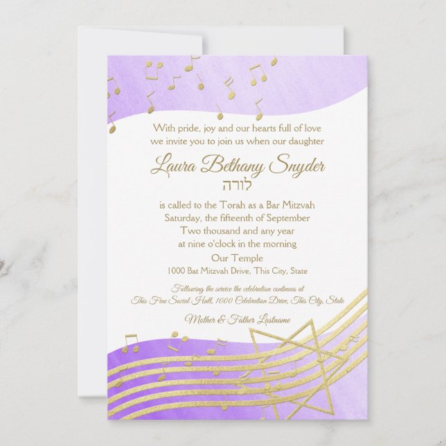 Music Bat Mitzvah Lila Wasserfarbe und Gold2 Einladung (Vorderseite)