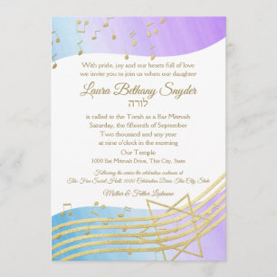 Music Bat Mitzvah Wasserfarbe und Gold2 Einladung