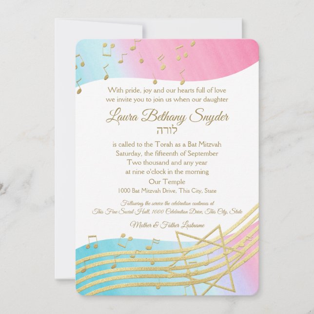 Music Bat Mitzvah Wasserfarbe und Gold Einladung (Vorderseite)