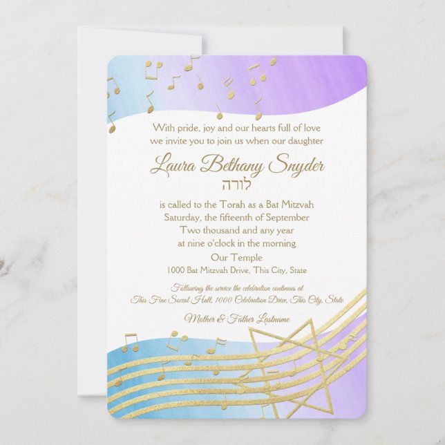 Music Bat Mitzvah Wasserfarbe und Gold Einladung (Vorderseite)