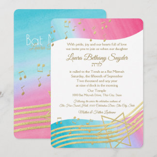 Music Bat Mitzvah Wasserfarbe und Gold Einladung
